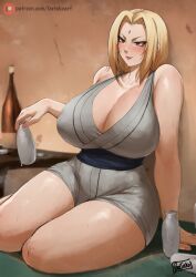 1girls 2022 alcohol batako blonde_hair blush breasts brown_eyes cleavage clothed clothed_female female female_only forehead_mark hips holding_object huge_breasts indoors long_hair mature_female naruto naruto_(series) naruto_shippuden no_pants sake simple_background steam steaming_body sweat sweaty_body thick_thighs thighs thunder_thighs tsunade twintails wide_hips