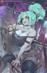 1girls black_thighhighs boots breasts choker cleavage covered_nipples crop_top cutesexyrobutts danny_phantom electric_guitar ember_mclain female fishnet_sleeves fishnet_top fishnets goth goth_girl green_eyes green_hair grey_pantyhose highres knee_boots large_breasts necklace nipple_barbell nipple_piercings_under_clothes nipples_visible_through_clothing no_bra pale-skinned_female pale_skin panties_under_pantyhose pantyhose pierced_nipples piercing ponytail sheer_legwear single_detached_sleeve sitting skindentation solo speaker speakers strap_slip thick_thighs thighhighs_over_pantyhose torn_clothes torn_thighhighs