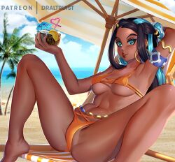 1girls abs arm_behind_head armband armpits armwear artist_name ass beach beach_chair belly big_breasts bikini black_hair blue_eyes blue_eyeshadow blue_hair blue_nail_polish blue_nails breasts cleavage clothed clothing cloud coconut coconut_drink dark-skinned_female dark_skin day detailed_background digital_media_(artwork) draltruist ear_piercing earrings eyelashes eyeshadow feet female female_focus female_only hair hair_ornament hi_res highres holding holding_object jewelry large_breasts leaning_back legs_spread legs_up long_hair looking_at_viewer nail_polish navel nessa_(pokemon) nintendo open_mouth open_smile orange_bikini outdoors outside palm_tree parasol piercing pokemon pokemon_ss sky smile spread_legs spreading starfish swimwear thick_thighs thighs tree two_tone_hair underboob waist_chain watermark