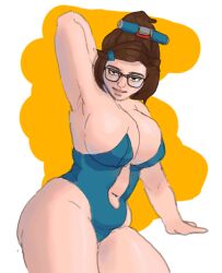 big_breasts brown_hair chubby glasses leotard looking_at_viewer mei_(overwatch) overwatch pale_skin skindentation thearmadildo thick_thighs