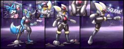 2019 absurd_res anthro blue_body blue_fur canid canine cinderace clothing comic eyelashes fox fur goo_transformation hat headgear headwear hi_res inflatable inflatable_transformation inner_ear_fluff kick lagomorph long_ears male mammal nintendo pink_inner_ear pokéball pokémon_(species) pokemon red_eyes redflare500 rubber_transformation team_rocket transformation tuft video_games white_body yellow_inner_ear