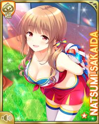 :d arms_behind_back bow breasts brown_hair card_(medium) cheerleader collarbone day female girlfriend_(kari) hairbow large_breasts long_hair midriff navel official_art open_mouth outdoors pom_pom_(cheerleading) qp:flapper red_bow red_eyes red_shirt red_skirt sakaida_natsumi shirt shoes skirt smile solo stadium standing tagme thighhighs tied_shirt white_legwear