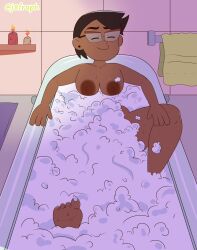 barefoot bathroom camila_noceda candles closed_eyes disney disney_channel disney_xd earrings foam glasses j8fraph nipples relaxing signature smooth_skin solo solo_female solo_focus the_owl_house torso towel