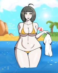 ahoge beach big_breasts big_hips big_legs bikini blush carfound danganronpa danganronpa_s:_ultimate_summer_camp danganronpa_ultra_despair_girls green_eyes green_hair heart hips karfound legs light_skin naegi_komaru seaside short_hair straight_hair sweat swimsuit taking_clothes_off text thick_thighs thighs visible_nipples yellow_swimsuit