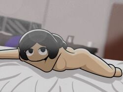 2019 bare_back bedroom bedsheets black_hair dyllzone laying_on_bed laying_on_stomach light-skinned_female long_hair looking_at_viewer maddie_(dyllzone) nude nude_female original_character original_characters signature