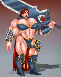 1girls abs alexcherubic armor big_breasts big_lips big_muscles bimbo blue_eyes breasts female female_only hips jewelry knight lips lipstick looking_at_viewer muscle muscles muscular muscular_female narrowed_eyes original pecs perky_breasts pose red_hair red_lipstick skimpy solo_female standing sword thick_thighs thighs unconvincing_armor veins warrior wide_hips