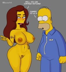 1boy 1girls 20th_century_studios accurate_art_style ass big_ass big_breasts blush breasts carmen_electra homer_simpson meme navel nude pubic_hair pussy rocner text the_simpsons thick_thighs wide_hips yellow_body yellow_skin