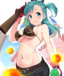 aqua_hair bare_midriff belt bikini bikini_top blue_hair breasts bulma_briefs camouflage_bikini cleavage dragon_ball dragon_ball_(object) dragon_ball_z female female_only gun kame_house kujou_ichisou midriff solo_female teenager