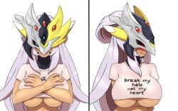 3_eyes animal_humanoid areola areola_slip armor bandai_namco big_breasts blush breasts canid canid_humanoid canine canine_humanoid clothing crossed_arms digimon digimon_(species) female fox_humanoid furball furball_(artist) gem hair hanakumon hanakumon_x headgear helmet hi_res humanoid lipstick makeup mammal mammal_humanoid mask meme multi_eye one_eye_obstructed ponytail shirt solo t-shirt tan_body tan_skin text topwear under_boob wholesome