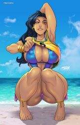 1girls ankle_bracelets arm_behind_head armpits beach big_breasts bikini black_hair bracelet brazilian brazilian_female capcom darkereve earrings female female_only hi_res latina laura_matsuda long_hair looking_at_viewer nipples redbone seaside solo solo_female street_fighter street_fighter_v tank_top_lift