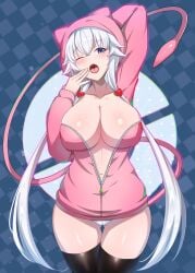 big_breasts blue_eyes breasts cosplay game_freak hoodie mew_(cosplay) nintendo panties partially_unzipped pink_hoodie pokemon pokemon_(cosplay) solo solo_female white_hair white_panties xiaodi