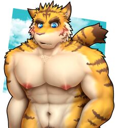 anthro big_muscles blue_eyes blush cloud felid looking_down male mammal morenatsu muscular nazimi00 nipples pantherine pubes simple_background sky solo standing tiger torahiko_(morenatsu) video_games visual_novel white_background