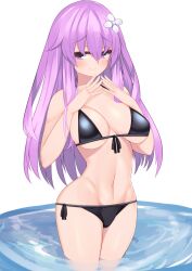 1girls bikini black_bikini blush breasts cleavage dura embarrassed female frown hair_ornament long_hair looking_away navel nepgear neptunia_(series) partially_submerged purple_eyes purple_hair side-tie_bikini simple_background solo water white_background