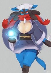 1girls absurd_res akari_(pokemon)_(cosplay) buta99 clothing energy_ball female female_only female_pokemon inner_sideboob looking_at_viewer lucario nintendo pokemon pokemon_(species) pokemon_legends:_arceus pokemon_only red_eyes scarf solo solo_female