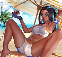 1girls abs arm_behind_head armband armpits armwear artist_name beach beach_chair belly big_breasts black_hair blue_eyes blue_eyeshadow blue_hair breasts cleavage clothed clothing cloud crop_top dark-skinned_female dark_skin day detailed_background digital_media_(artwork) draltruist ear_piercing earrings eyelashes eyeshadow feet female female_focus female_only gloves hair hair_ornament hi_res highres holding holding_object jewelry large_breasts leaning_back legs_spread legs_up long_hair looking_at_viewer navel nessa_(pokemon) nintendo open_mouth open_smile outdoors outside palm_tree parasol piercing pokeball pokemon pokemon_ss shorts sky sleeveless smile spread_legs spreading starfish thick_thighs thighs tree two_tone_hair waist_chain watermark