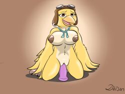 1girls anthro avian beak big_breasts bird breasts brown_nipples daison_the_fox dildo dildo_sitting feathers female hi_res looking_pleasured margalo nipples non-mammal_breasts on_knees penetration sex_toy simple_background sitting solo stuart_little yellow_body yellow_feathers