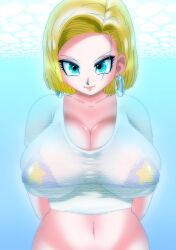 1girls android_18 basara blonde blonde_hair blue_eyes cleavage curvy dragon_ball erect_nipples female huge_areolae huge_breasts puffy_nipples short_hair thick_lips voluptuous wide_hips yellow_hair