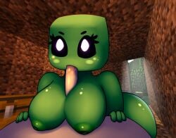 anthro ass big_breasts biped bodily_fluids breast_play breasts creeper_(minecraft) fellatio female fluffolio green_body humanoid microsoft minecraft mojang nipples noseless oral paizuri penile saliva sex solo titjob video_games white_eyes wide_hips xbox_game_studios