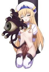 1girls areolae arms_behind_back beholder beholder_(creature) birth blonde blonde_hair blood_from_mouth blush censored chest_burst chestburst closed_eyes disembowelment eyebrows_visible_through_hair eyes_closed female goblin_slayer gore guro human_mother_baby_monster interspecies_pregnancy legwear light-skinned light-skinned_female light_skin long_hair mayo pregnant_female priestess_(goblin_slayer) small_breasts very_long_hair yellow_hair