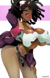 1girls ayukawa_miyuki basquash! big_areola big_nipples black_hair bouncing_breasts brown_nipples chanleefat choker clothed clothing dark-skinned_female dark_nipples dark_skin exposed_breasts exposed_nipples female female_focus female_only huge_areolae huge_breasts huge_nipples jacket looking_at_viewer miyuki_ayukawa nipple_slip no_bra pants topwear