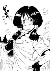 areolae black_gloves black_hair blush breasts dragon_ball dragon_ball_z embarrassed eyebrows_visible_through_hair female female_focus fingerless_gloves gloves looking_at_viewer monochrome nipples outdoors short_hair solo tsuki_wani tsukiwani tukiwani twintails videl