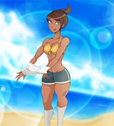 6tyninevehicles asahina_aoi bandaid beach blue_eyes breasts brown_body brown_hair changing danganronpa danganronpa:_trigger_happy_havoc danganronpa_s:_ultimate_summer_camp dark-skinned_female dark_skin female muscles outdoors shorts sportswear straight_hair tanned yellow_swimsuit