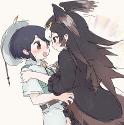 2girls belt black_hair blush brown_belt brown_coat brown_eyes brown_hair captain_(kemono_friends) circlet coat collared_shirt commentary_request eyebrows_visible_through_hair frilled_sleeves frills hat_feather helmet highres hug kemono_friends khakis long_hair multicolored_hair multiple_girls pith_helmet shirt short_hair short_sleeves striated_caracara_(kemono_friends) toxicnyannyan two-tone_hair uniform white_hair