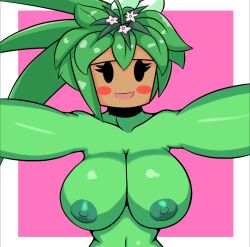 1girls armpits big_breasts blaster_master blaster_master_zero_2 blush female female_only flowers flowers_in_hair green_nipples green_skin hugging iggy-bomb kanna_(blaster_master) leaf_hair looking_at_viewer mob_face nipples pink_background plant plant_girl plantie pov pov_hug simple_background simple_eyes smile