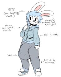 1boy 2018 angstrom anthro anthro_only balls balls_outline big_balls big_bulge big_penis blue_hair blush bulge clothed clothed_male clothing english_text eyewear footwear fully_clothed genital_outline glasses hair huge_balls huge_penis hyper hyper_balls hyper_penis jacket lagomorph large_balls large_penis leporid male male_only mammal marco_(angstrom) penis penis_outline rabbit shoes solo solo_male sweatpants text topwear white_body