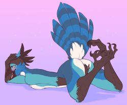 6:5 anthro ass avian bird black_body black_feathers blue_body blue_feathers blush breast_squish breasts corvid feathers female jay_(bird) masturbation new_world_jay oscine passerine solo squish steller's_jay sugarr_n_spice tail_feathers talons