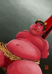 2022 absurd_res asian_mythology belly biped blue_body bodily_fluids bottomwear bound clothing demon east_asian_mythology hi_res japanese_mythology kemono loincloth male male_only moobs mythology navel nipples oni overweight overweight_male red_body setsubun sitting solo sweat via_skumks young yōkai