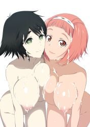 2girls black_hair breasts breasts_to_breasts bukkake cum cum_in_breasts cum_on_body cum_on_face green_eyes looking_at_viewer multiple_females multiple_girls naked nina_drango nipples pink_hair red_eyes shiina_mayuri shingeki_no_bahamut smile steins;gate thighs white_background wide_hips yuta