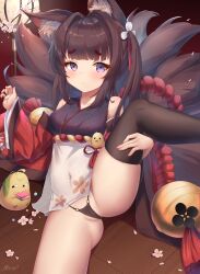 \||/ absurdres amagi-chan_(azur_lane) animal_ear_fluff animal_ears ass azur_lane bangs bare_shoulders bell black_legwear black_panties blunt_bangs blush bow brown_hair cameltoe closed_mouth collarbone covered_navel detached_sleeves eyebrows_visible_through_hair female fingernails floral_print fox_ears fox_girl fox_tail hair_intakes hair_over_shoulder hand_on_own_thigh hand_up highres japanese_clothes kitsune leg_up long_sleeves looking_at_viewer maigo micro_panties multiple_tails navel on_floor panties petals purple_eyes red_bow red_eyeliner red_sleeves see-through side-tie_panties signature sitting solo spread_legs string_panties tail thick_eyebrows thighhighs two_side_up underwear wide_sleeves wooden_floor