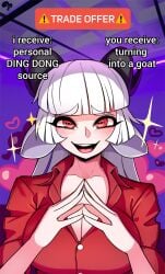 2021 baphomet_(grizz) blunt_bangs breasts cleavage demon demon_girl demon_horns fan_character female female_focus female_only goat_girl helltaker krokobyaka large_breasts long_hair meme original original_character pinstripe_pattern red_shirt suspenders trade_offer white_hair