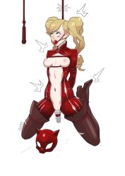 ann_takamaki asphyxiation atlus ball_gag blonde_hair bodysuit bondage breasts commission dude-doodle-do gag gagged hanged mask_removed nipples persona persona_5 pussy sex_toy solo_female thigh_boots vibrator