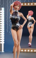 1girls 3d arm_up back_view blue_eyes breasts depth_of_field earrings female female_only front_view hand_on_hip high_heels hoop_earrings huge_breasts kasei_(whimsicaldamsels) looking_at_viewer mirror one-piece_swimsuit one_arm_up original original_character pink_hair pinup reflection slushe_(website) solo standing swimsuit whimsicaldamsels