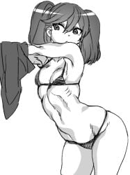 big_butt bikini female greyscale hair_between_eyes hohehohe kantai_collection looking_at_viewer monochrome navel no_hat no_headwear ryuujou_(kantai_collection) skindentation small_breasts solo swimsuit thick_thighs thighs twintails undressing