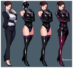 before_and_after blue_lipstick bodysuit breasts corruption dark_persona dominant_female dominatrix female female_only femdom high_heels large_breasts latex latex_suit lipstick makeup nipples ochiman1919 office office_lady tagme thick_thighs thighhighs transforming_into_combatant wide_hips