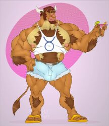 1male 2017 5_fingers 5_toes alcohol anthro arm_hair armpit_hair barazoku beard belt beverage big_bulge big_muscles blue_eyes body_hair bottomwear bovid bovine brown_body brown_fur brown_hair bulge cattle chest_hair clothed clothed_male clothing cocktail cocktail_glass container cup cutoffs daisy_dukes denim denim_clothing diesel_(komatose) drinking_glass ear_piercing ear_ring erection erection_under_clothes eyebrows facial_hair facial_piercing feet fingers footwear fur genital_outline glass glass_container glass_cup hair hand_on_hip happy_trail hi_res horn hotpants huge_muscles humanoid_feet humanoid_hands kazushi leg_hair looking_at_viewer male male_only mammal muscular muscular_anthro muscular_male nipples non-nude nose_piercing nose_ring penis_outline piercing pink_nipples pink_nose plantigrade sandals shirt shorts solo solo_male standing tank_top thick_eyebrows tight_clothing toes topwear white_horn