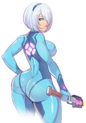 1girls ass blue_eyes bodysuit cosplay energy_sword female from_behind greenmarine hair_over_one_eye hairband holding_weapon impossible_clothes lips metroid nier:_automata pout pouting samus_aran samus_aran_(cosplay) short_hair silver_hair skin_tight solo thunder_thighs yorha_2b zero_suit zero_suit_samus zero_suit_samus_(cosplay)