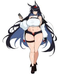 animal_ears arknights bangs black_gloves black_hair blaze_(arknights) blue_eyes breasts curvy cutoffs drogod_(artist) female fingerless_gloves full_body gloves hairband hella_p highres holding holding_phone huge_breasts jacket leg_strap long_hair looking_at_viewer panties phone red_hairband red_panties shoes short_shorts shorts simple_background smile solo thick_thighs thighs underwear very_long_hair white_background wide_hips