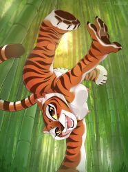 2022 anthro bamboo breasts conditional_dnp digital_media_(artwork) dreamworks fangs felid female fingers hi_res kung_fu_panda looking_at_viewer mammal master_tigress nipples nude open_mouth outside pantherine scappo solo teeth tiger