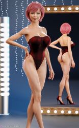 1girls 3d back_view blue_eyes breasts depth_of_field earrings female female_only front_view hand_on_hip high_heels hoop_earrings huge_breasts kasei_(whimsicaldamsels) looking_at_viewer mirror one-piece_swimsuit original original_character pink_hair pinup reflection slushe_(website) smile solo standing swimsuit whimsicaldamsels