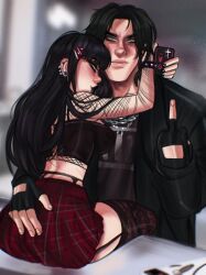 1girls ass black_hair black_lipstick desikeera fringe goth green_eyes jenny_(desikeera) metalhead pale-skinned_female petite plaid_skirt trent_(desikeera) wholesome