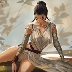 1girls female female_only human looking_down pinup rey robes solo star_wars tattiart transparent_clothing