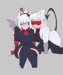 2demons 2girls blush business_suit colored_sketch cravat demon demon_girl demon_horns demon_tail discreet_vibrator embarrassed forced_vibrator fully_clothed helltaker hidden_vibrator horns krekk0v labcoat large_breasts loremaster_(helltaker) lucifer_(helltaker) red-tinted_eyewear red_eyes remote_control_vibrator sunglasses third-party_edit tight_clothing tinted_eyewear trembling vibrator visor white_hair yuri