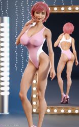 1girls 3d back_view blue_eyes breasts depth_of_field earrings female female_only front_view high_heels hoop_earrings huge_breasts kasei_(whimsicaldamsels) looking_at_viewer mirror one-piece_swimsuit original original_character pink_hair pinup reflection slushe_(website) smile solo standing swimsuit whimsicaldamsels