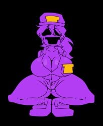 1girls badge big_breasts black_eyes black_sclera cleavage female female_only five_nights_at_freddy's fnaf hat horaco long_hair open_pants ponytail purple_body purple_clothing purple_girl purple_hair purple_hat purple_skin pussy_peek rule_63 squatting thehoraco wendy_afton white_eyes