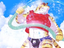 1boy anthro big_bulge big_muscles blue_sky bulge closed_eyes clothed clothing cloud felid garden_hose male male_only mammal morenatsu muscular pantherine rotton shirt sky sky_background smile solo speedo swimwear tank_top tiger topwear torahiko_(morenatsu) video_games visual_novel water