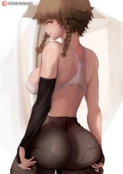 1girls amane_suzuha ass bbadogg braided_hair brown_hair bubble_butt cheeks coy holding_ass looking_back_at_viewer round_butt sideboob smile solo sports_bra steins;gate steins;gate_0 suzuha twin_braids yellow_eyes